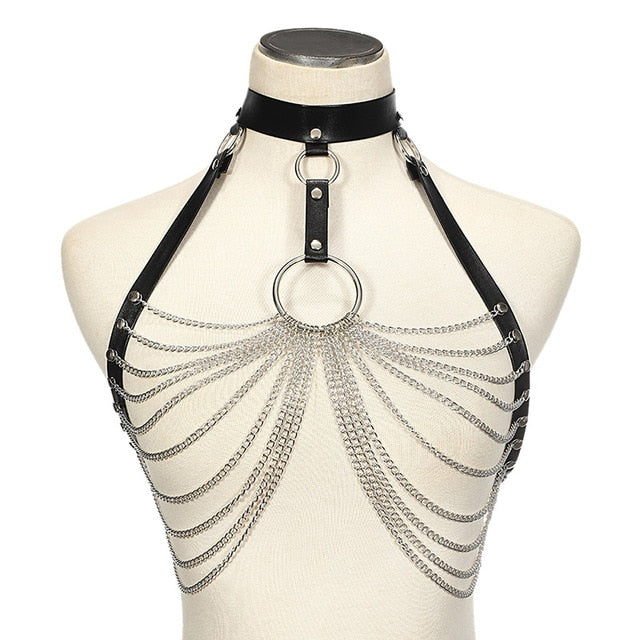 Goth leather body harness chain bra top chest chain belt witch gothic punk fashion metal girl festival jewelry accessories