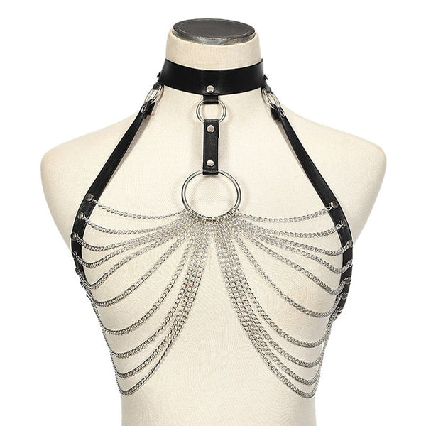 Goth leather body harness chain bra top chest chain belt witch gothic punk fashion metal girl festival jewelry accessories