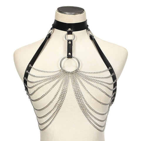 Goth leather body harness chain bra top chest chain belt witch gothic punk fashion metal girl festival jewelry accessories
