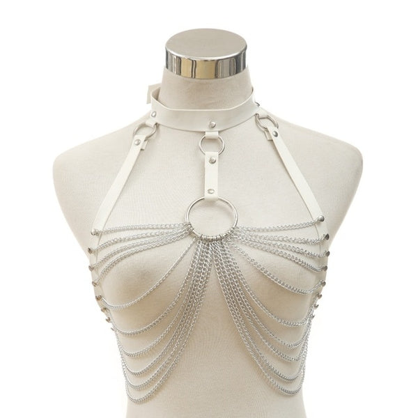 Goth leather body harness chain bra top chest chain belt witch gothic punk fashion metal girl festival jewelry accessories