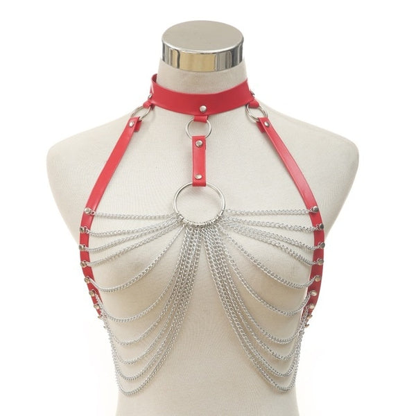 Goth leather body harness chain bra top chest chain belt witch gothic punk fashion metal girl festival jewelry accessories