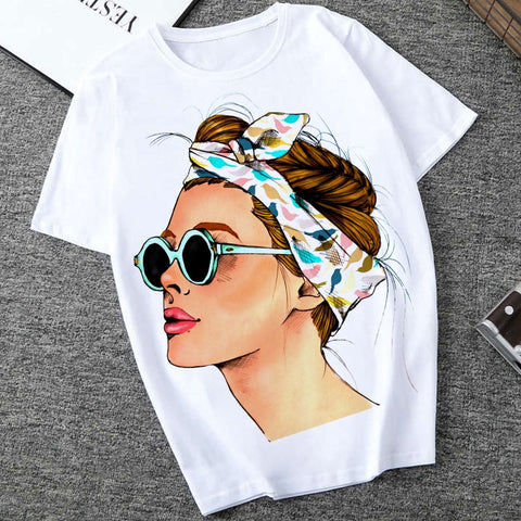Women's Summer Vogue Print Lady Casual T-shirt Tops Harajuku Streetwear Short Sleeve O-Neck Top
