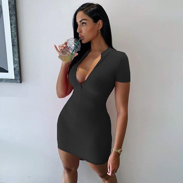 Women Winter Fall Bodycon Ribbed Dress 2025 New Stand Collar Zipper Deep V-neck Solid Stretch Bodycon Pencil Party Mini Vestido