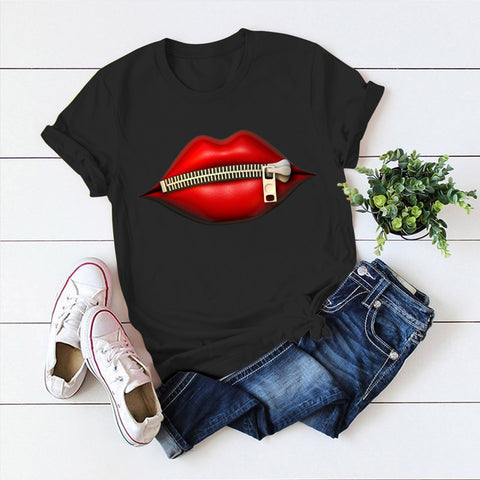 Fashion Women's Casual Sequins Red Lip T-Shirt Short Sleeve T-Shirts 2025 Vintage Creativity zipper Lips T-Shirt,drop ship