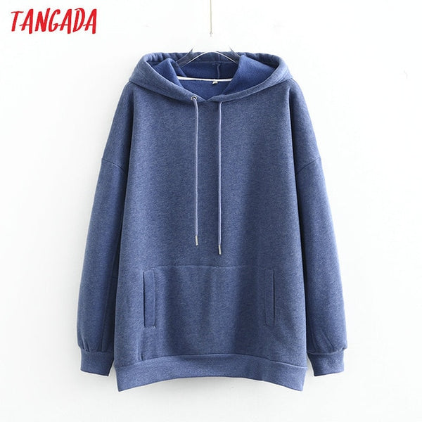 Tangada women fleece hoodie sweatshirts winter japanese fashion 2025 oversize ladies pullovers warm pocket hooded jacket SD60