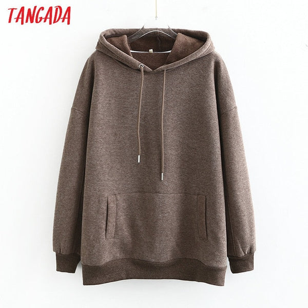 Tangada women fleece hoodie sweatshirts winter japanese fashion 2025 oversize ladies pullovers warm pocket hooded jacket SD60