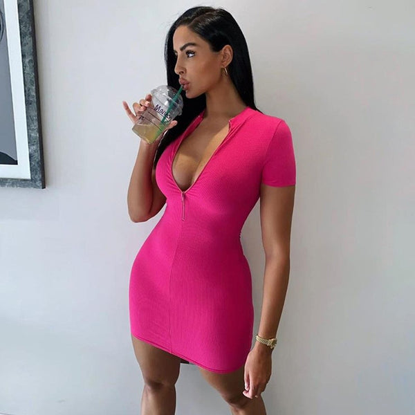 Women Winter Fall Bodycon Ribbed Dress 2025 New Stand Collar Zipper Deep V-neck Solid Stretch Bodycon Pencil Party Mini Vestido