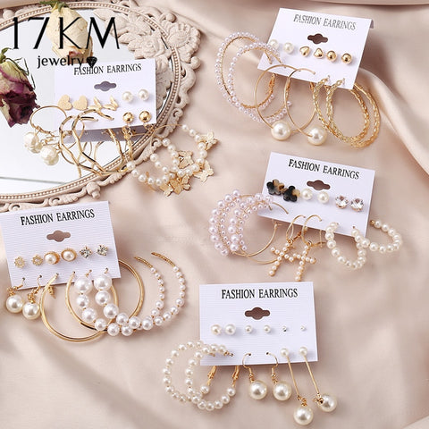 17KM Vintage Pearl Earrings For Women Big Gold Cross Set of Earrings Long Tassel Butterfly Dangle Drop Earrings 2022 Jewelry