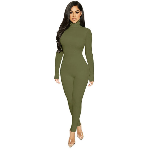 Simenual Casual Turtleneck Rompers Womens Jumpsuit Workout Solid Long Sleeve Fashion Elegant Skinny Jumpsuits Sporty Active Wear