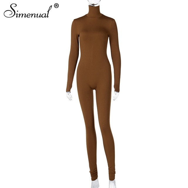 Simenual Casual Turtleneck Rompers Womens Jumpsuit Workout Solid Long Sleeve Fashion Elegant Skinny Jumpsuits Sporty Active Wear