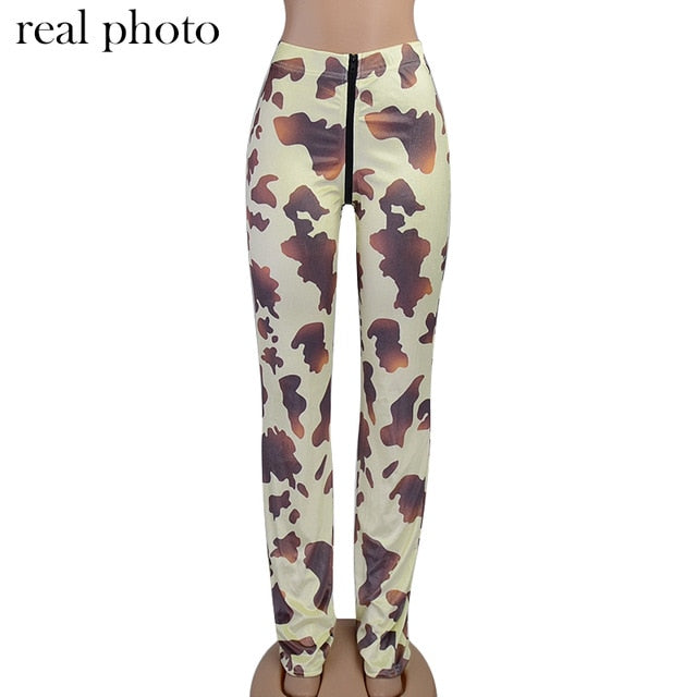 Simenual Cow Print Zipper Velvet Women Stacked Pants High Waist Fashion Street Style Slim Bodycon 2021 Autumn Long Trousers Hot