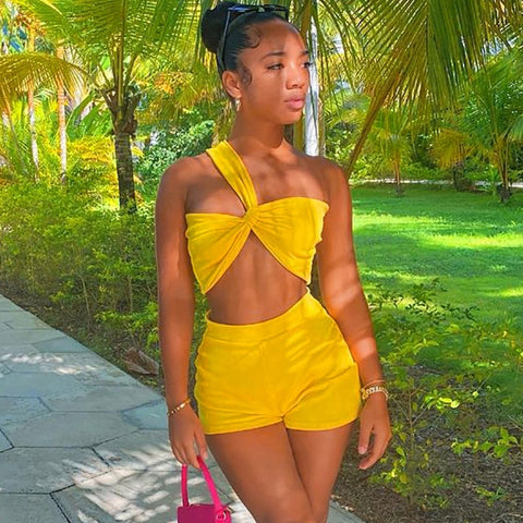 Simenual Wrap Chest Crop Top And Shorts 2 Piece Outfits Summer Fashion Skinny Solid Women Matching Set Asymmetrical Casual Cloth