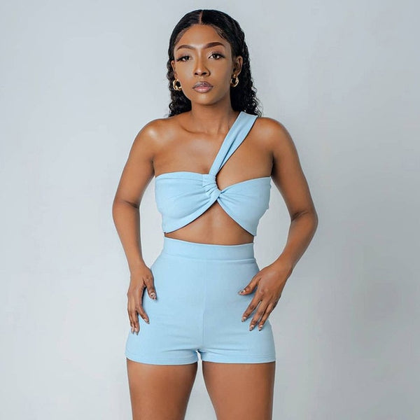 Simenual Wrap Chest Crop Top And Shorts 2 Piece Outfits Summer Fashion Skinny Solid Women Matching Set Asymmetrical Casual Cloth