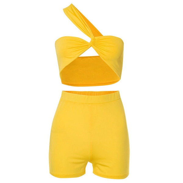 Simenual Wrap Chest Crop Top And Shorts 2 Piece Outfits Summer Fashion Skinny Solid Women Matching Set Asymmetrical Casual Cloth